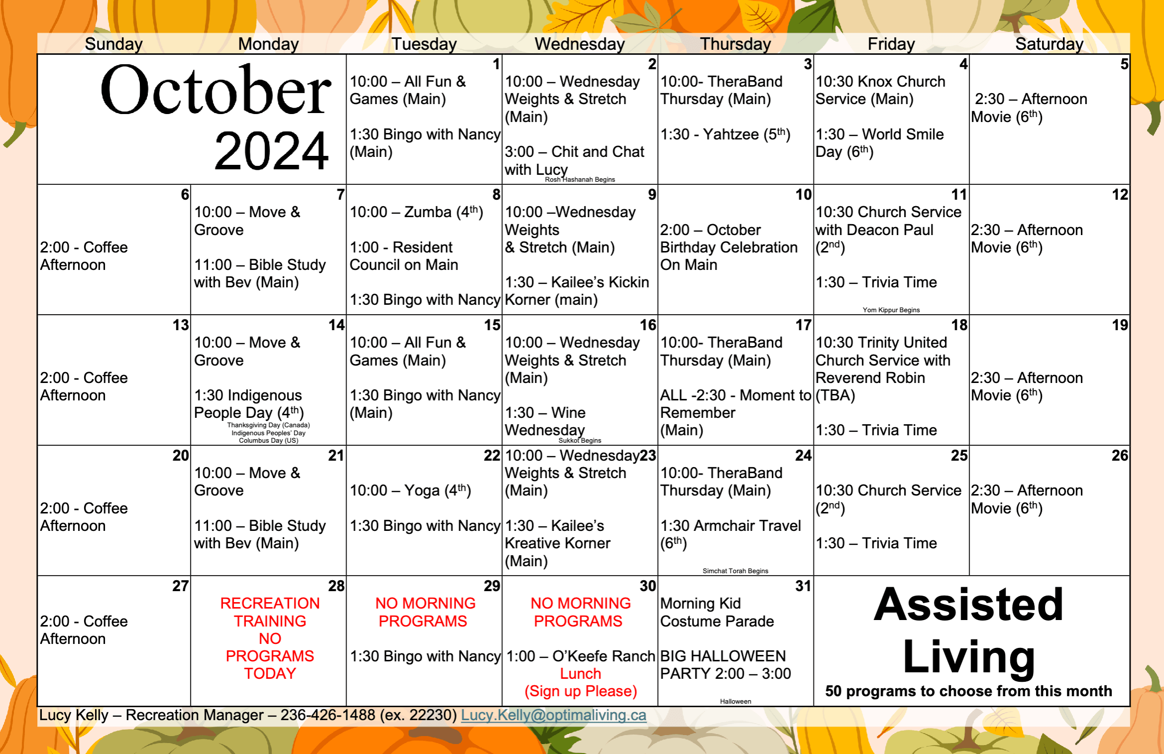 Hamlets Vernon October 2024 Assisted Living event calendar