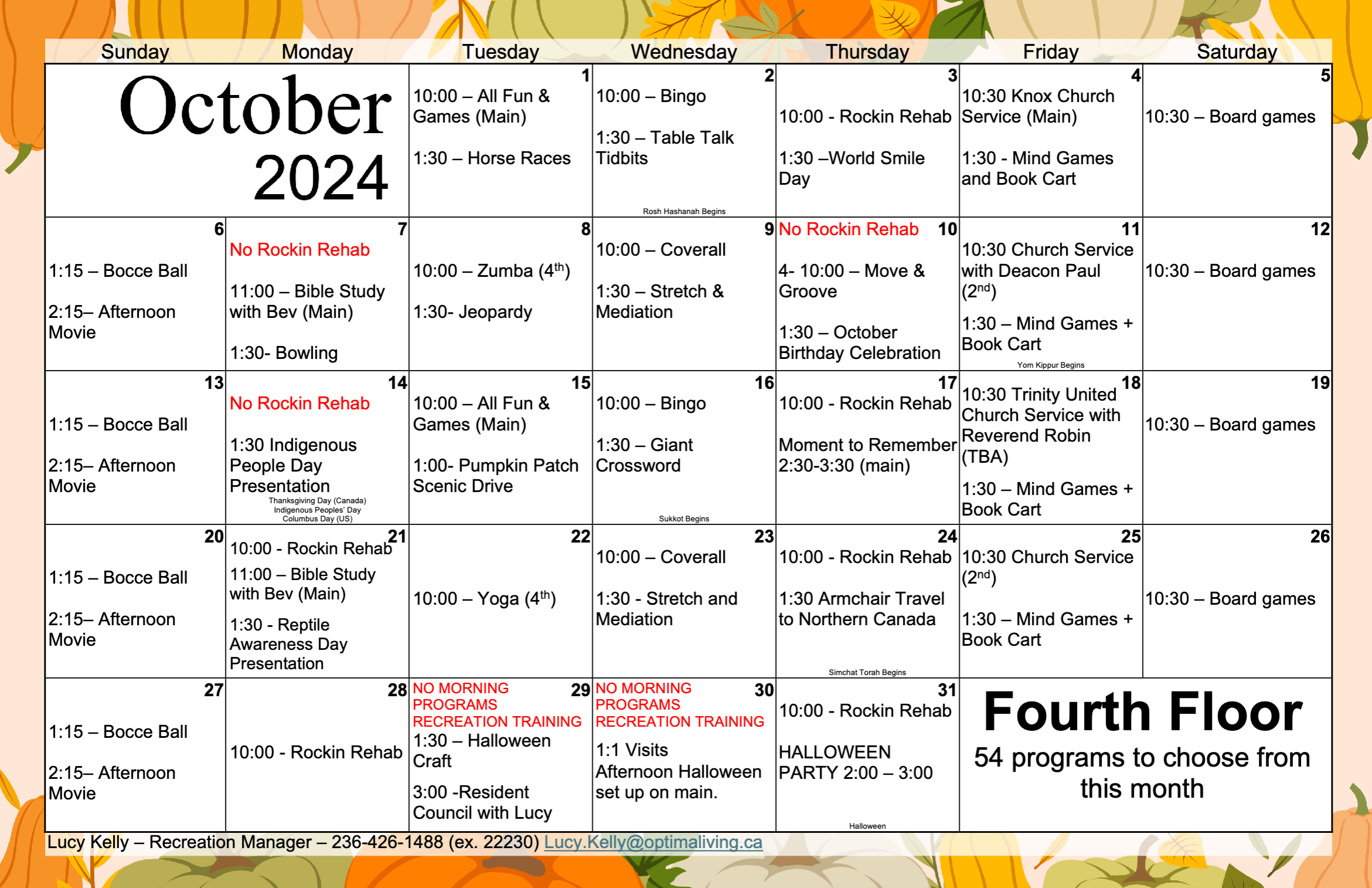 Hamlets Vernon October 2024 Fourth Floor event calendar