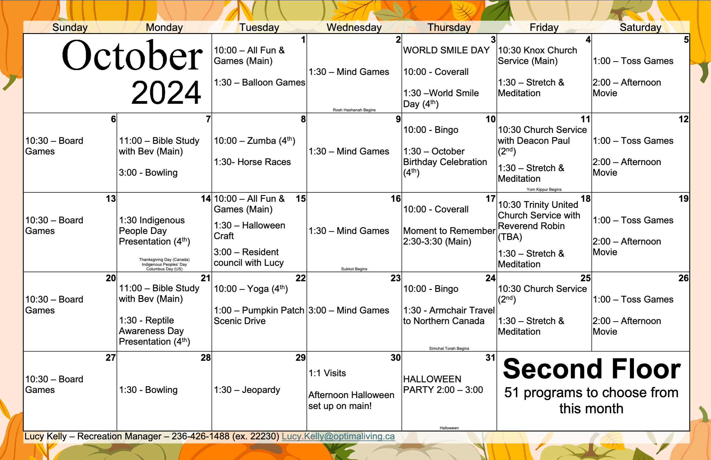 Hamlets Vernon October 2024 Second Floor event calendar