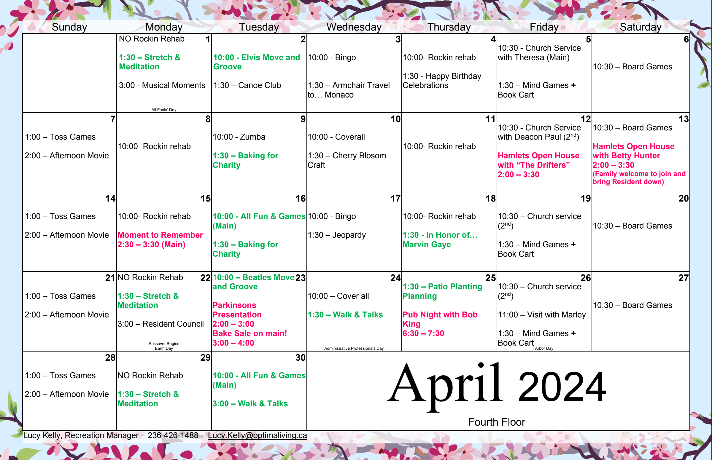 The Hamlets at Vernon April 2024 Fourth Floor event calendar