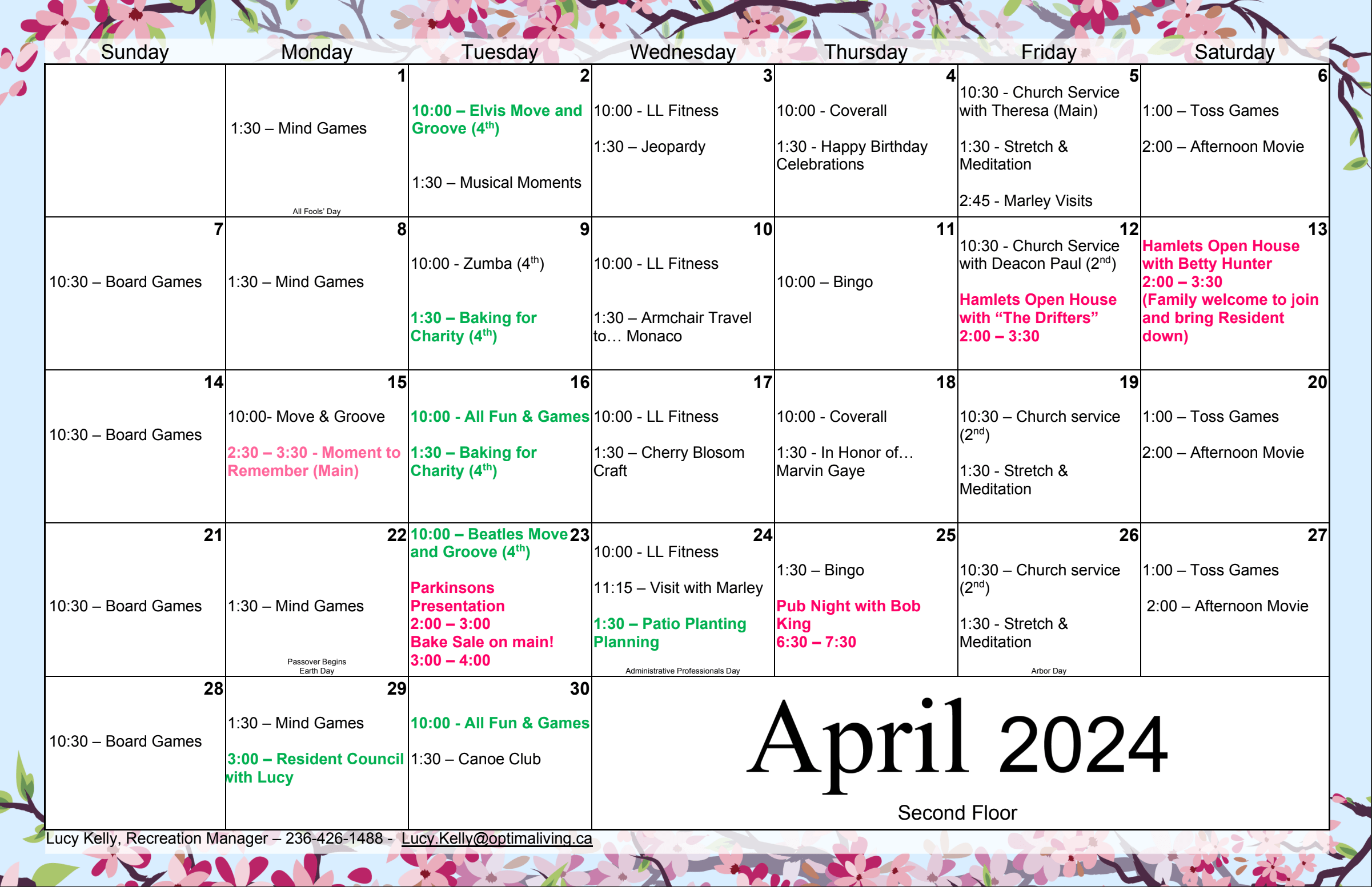 The Hamlets at Vernon April 2024 Second Floor event calendar