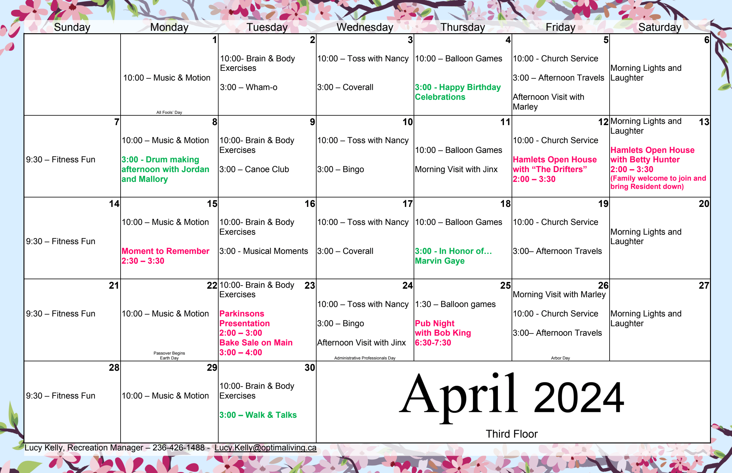 The Hamlets at Vernon April 2024 Third Floor event calendar