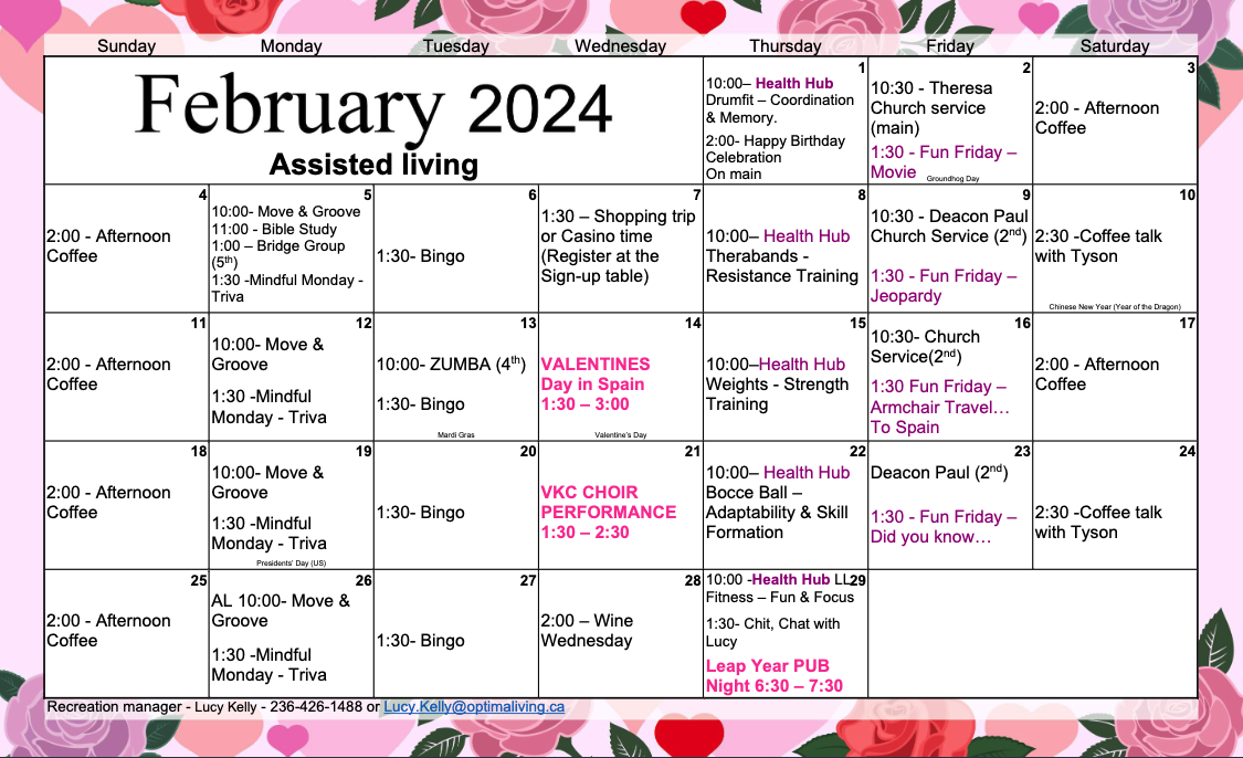 The Hamlets at Vernon February 2024 Assisted Living event calendar