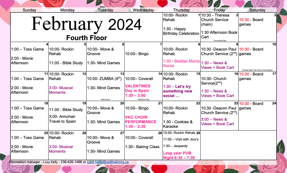 The Hamlets at Vernon February 2024 Fourth Floor event calendar