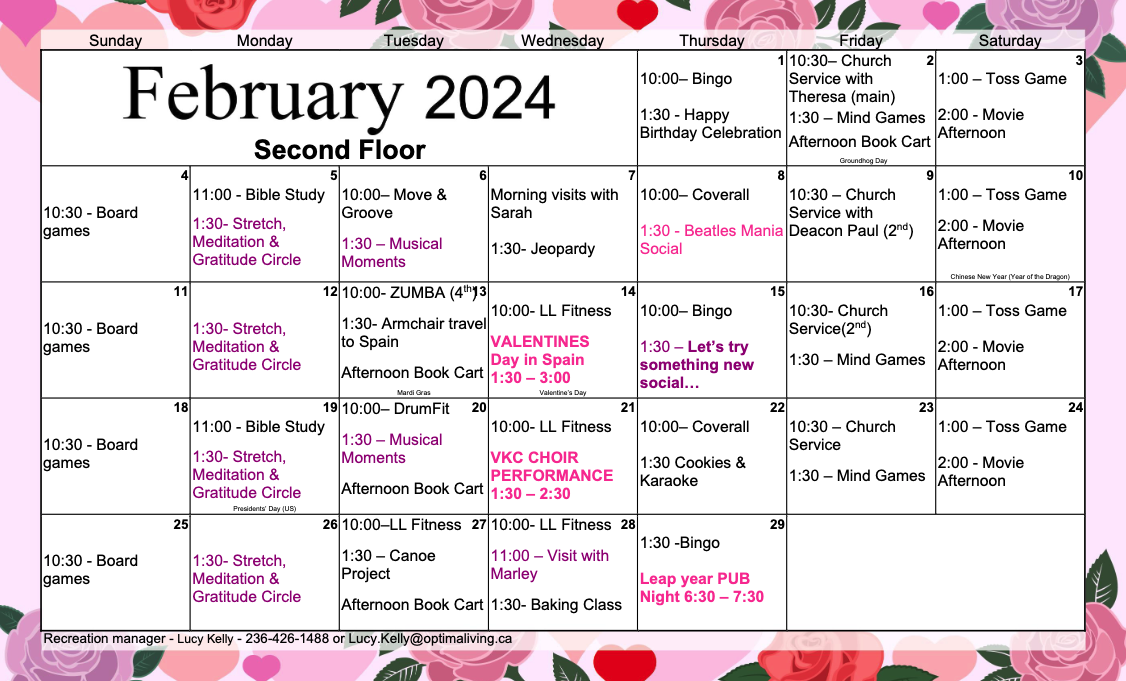 The Hamlets at Vernon February 2024 Second Floor event calendar