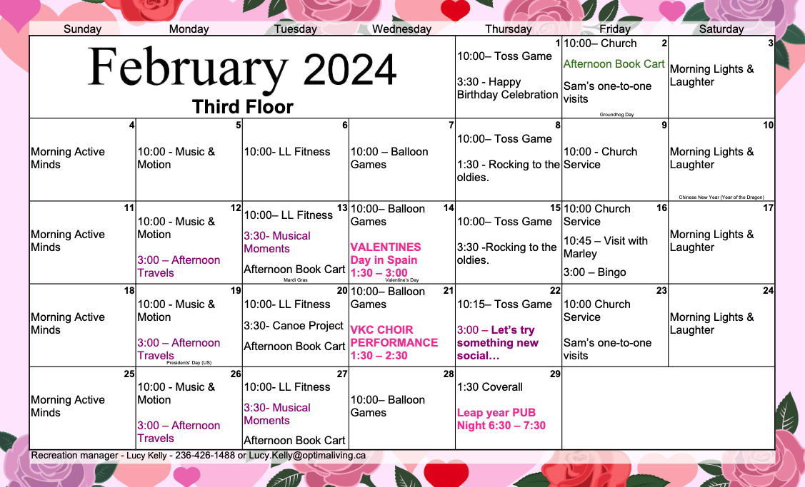 The Hamlets at Vernon February 2024 Third Floor event calendar